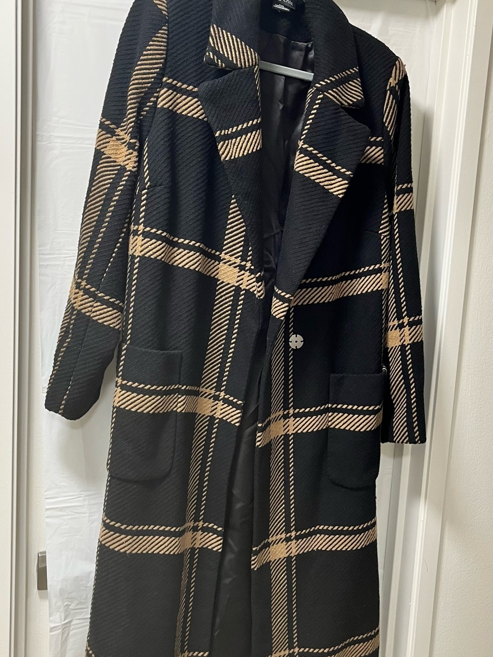 City Chic Black Plaid Belted Longline Trench with Tan Checks